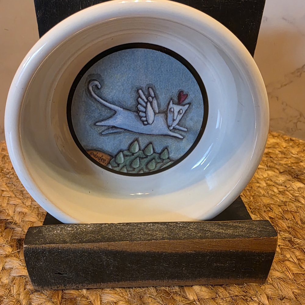 Hand-Painted Vintage Flight Of The Blue Cat Ceramic Bowl - White and Blue
